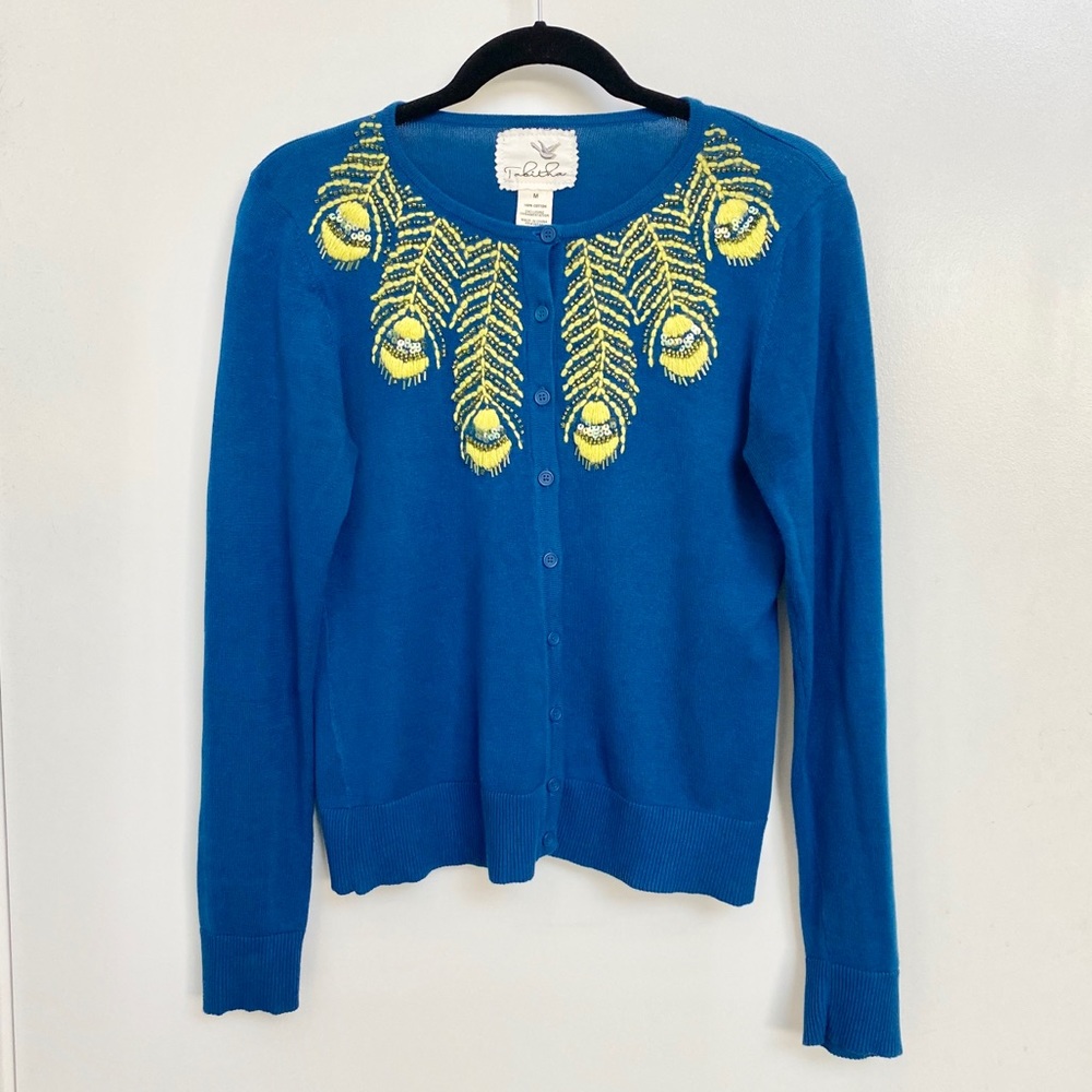 Anthropologie Peacock Embroidered Cardigan Size M